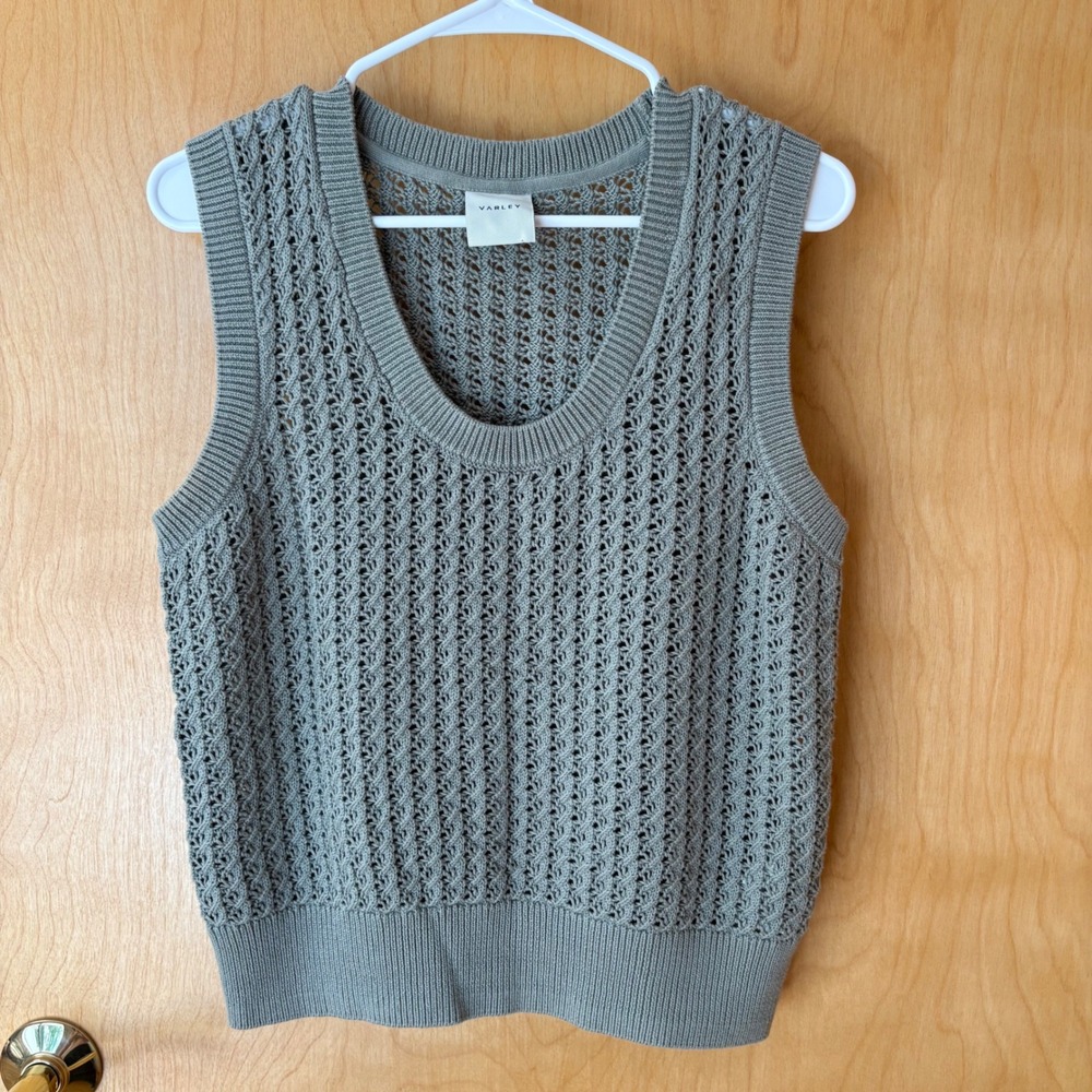 Varley Ferns Open Knit Tank Women Medium Sage Green Crochet Cotton VAR02618